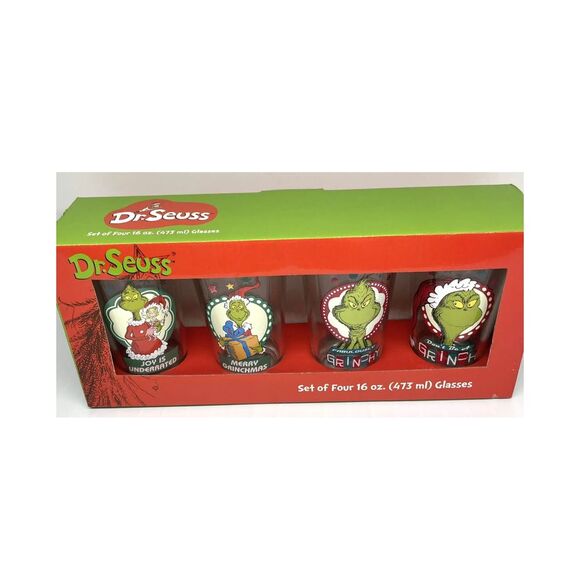 Dr. Seuss The Grinch Christmas Glass Set 16oz Drinkware Collection 4pc Set - Picture 1 of 8